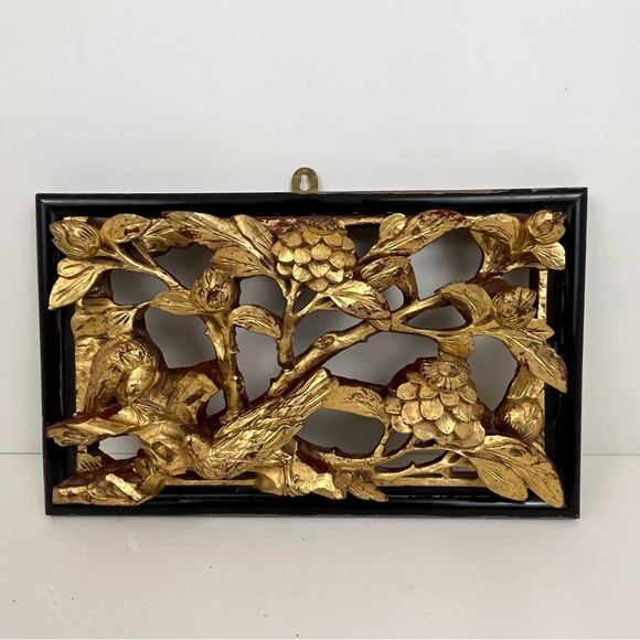 Asian Hand Carved Gilt Wooden Bird Floral Art Hanging 13” x 8” Wall Panel Decor - Picture 3 of 16